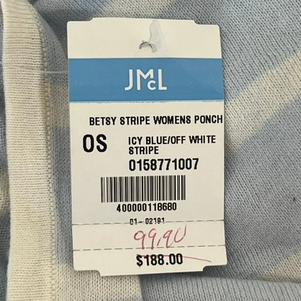 J Mclaughlin Betsy Stripe Poncho‎ ONE SIZE NWT $188 Shaw Hood Loose Blue White - Picture 5 of 6